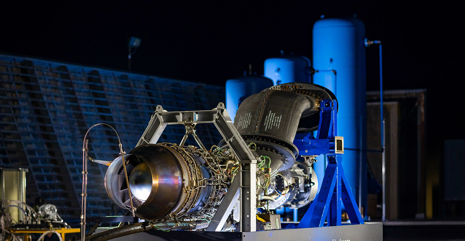 A converted Rolls-Royce AE 2100-A regional aircraft engine used to conduct green hydrogen fuel testing, November 2022.