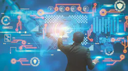 Businessman manager using interface screen display with monitoring working, and control arm robotics via Artificial Intelligence.