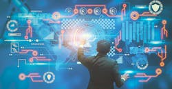 Businessman manager using interface screen display with monitoring working, and control arm robotics via Artificial Intelligence. Businessman manager using interface screen display with monitoring working, and control arm robotics via Artificial Intelligence.