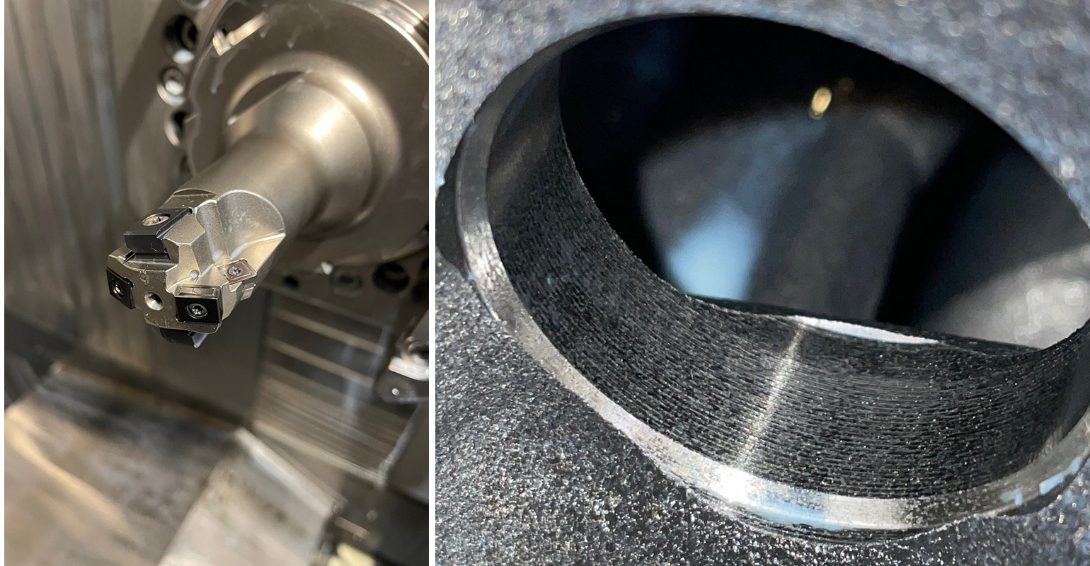 The CERATIZIT HGV water plug machining tool, with a sample hole it has produced.