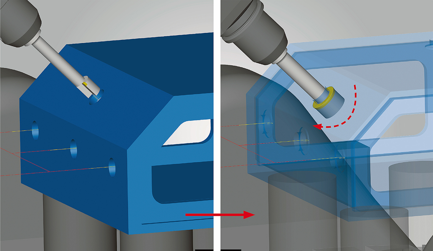 New &ldquo;2.5D Back Boring&rdquo; strategy in hyperMILL&circledR; 2023 reliably avoids collisions when inserting and retracting tools on the back side of a hole.