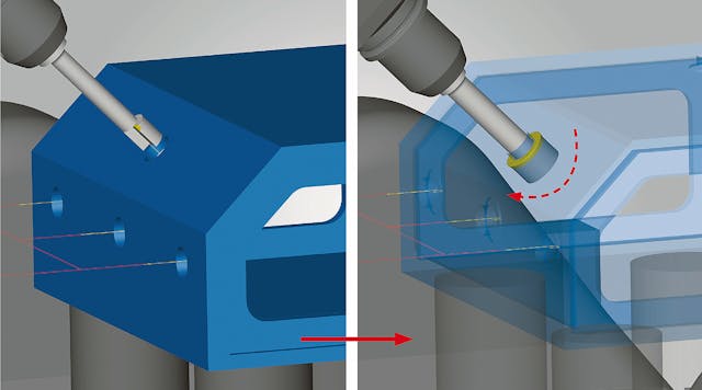 New &ldquo;2.5D Back Boring&rdquo; strategy in hyperMILL&circledR; 2023 reliably avoids collisions when inserting and retracting tools on the back side of a hole.