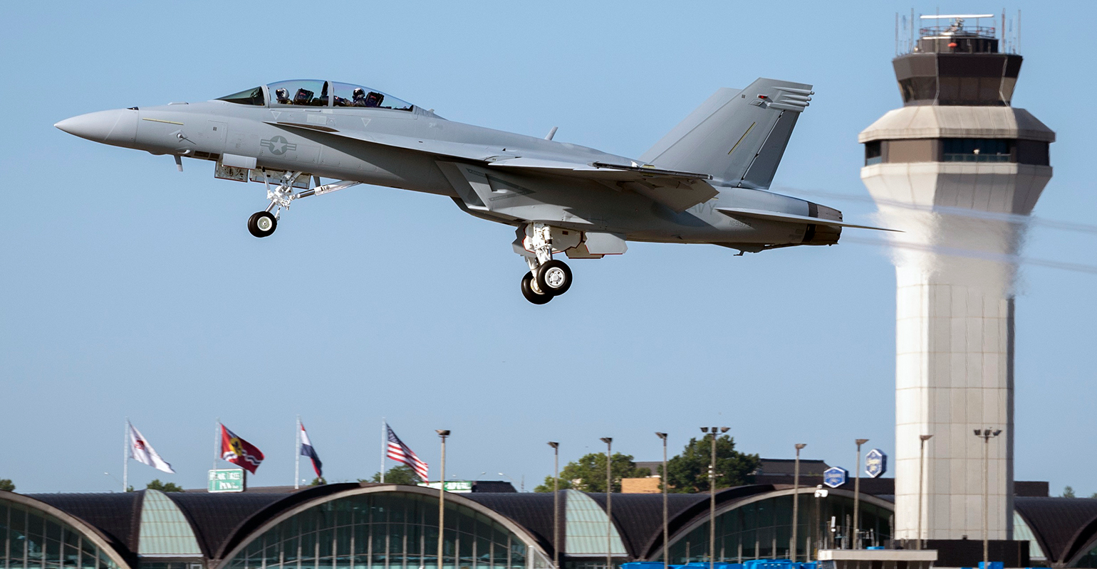 A Boeing-built F/A-18 Super Hornet takes off from Lambert International Airport in St. Louis. Since the F/A-18 debuted in 1983, Boeing has delivered more than 2,000 Hornets, Super Hornets and EA-18G Growlers to customers around the world including the U.S. Navy, Australia, Canada, Finland, Kuwait, Malaysia, Spain and Switzerland.