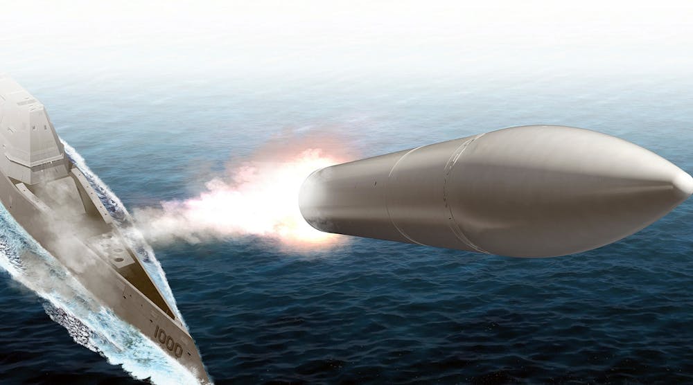 Lockheed Martin illustration of U.S. Conventional Prompt Strike (hypersonic) weapon capability with a U.S. guided missile destroyer.
