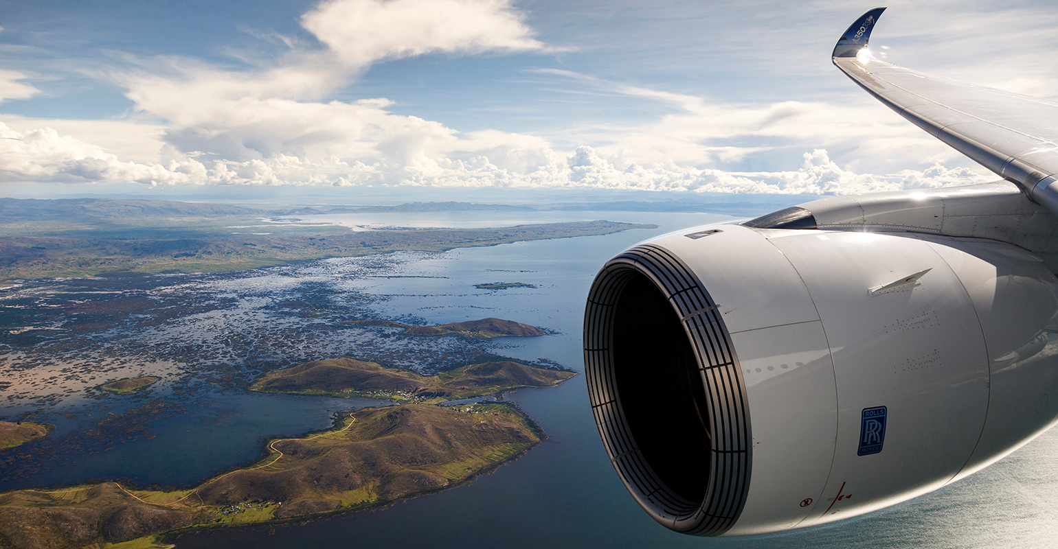 A Rolls-Royce XWB-97 engine in place on an Airbus A350-1000 widebody aircraft.