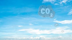 CO2 symbol on blue sky and white clouds.