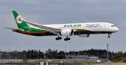 EVA Air B787-9, landing at Peterborough, England. EVA Air B787-9, landing at Peterborough, England.