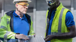 Worker, technician checking solar cell panel for sustainable manufacturing.