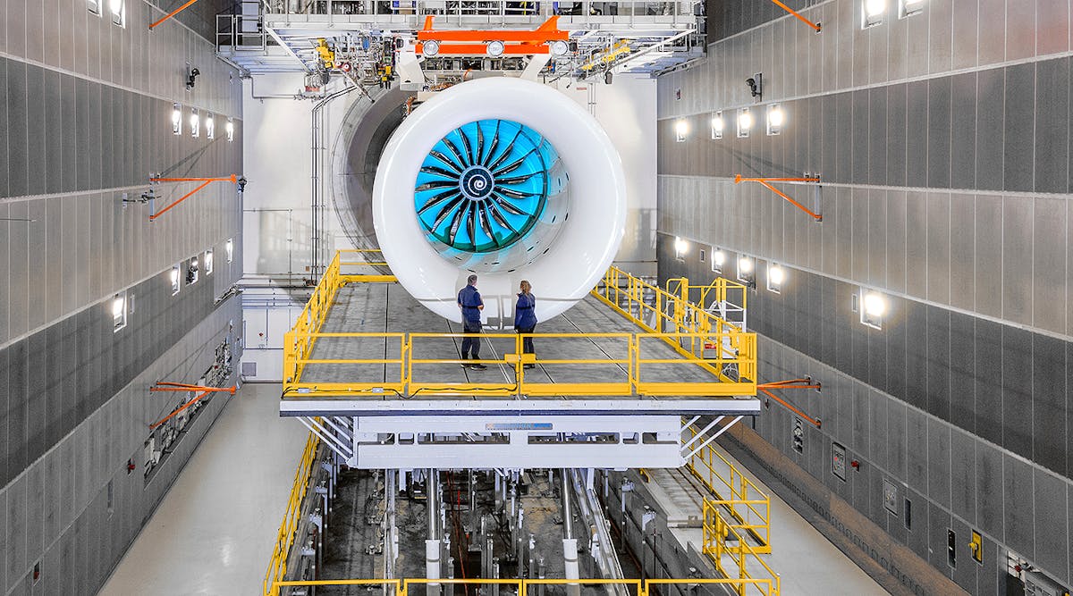 The UltraFan demonstrator engine at Rolls-Royce&rsquo;s Testbed 80 in Derby, England.