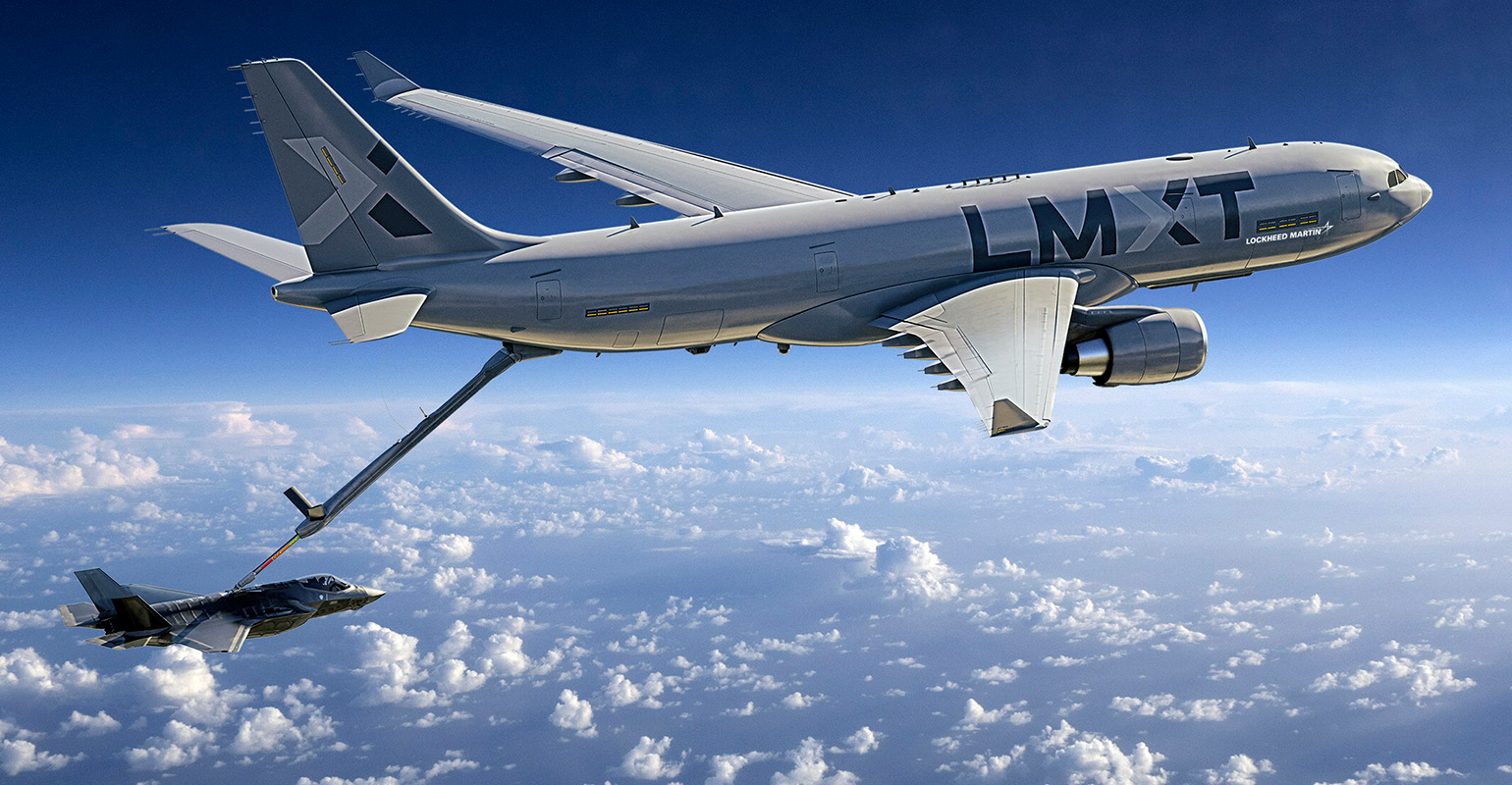 Illustration of the A330-based LMXT strategic tanker aircraft, shown refueling an F-35 fighter jet. LMXT strategic tanker aircraft and F-35 fighter jet.