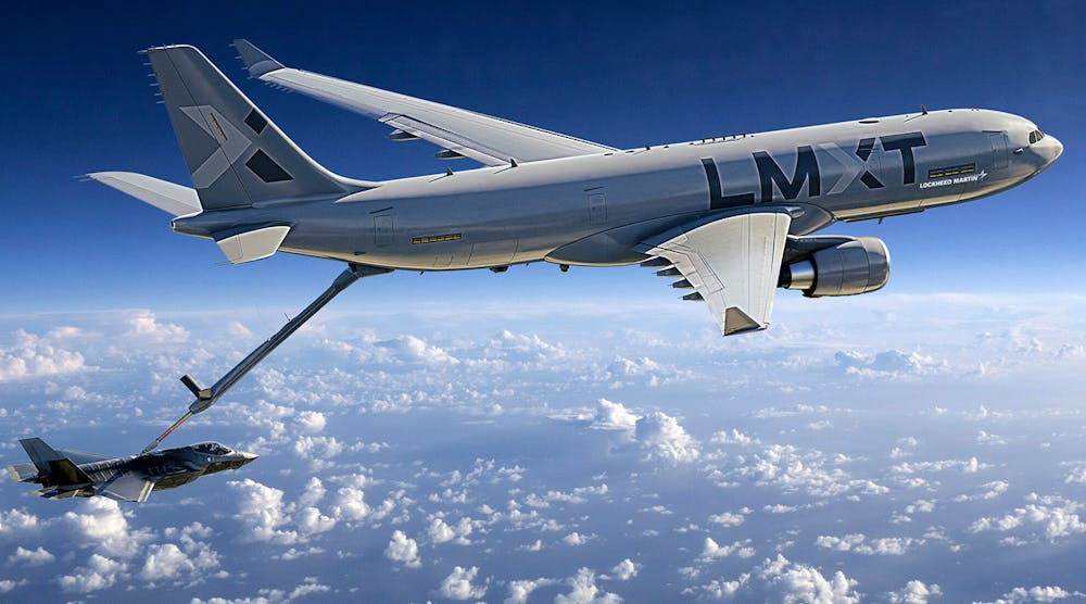 Illustration of the A330-based LMXT strategic tanker aircraft, shown refueling an F-35 fighter jet. LMXT strategic tanker aircraft and F-35 fighter jet.