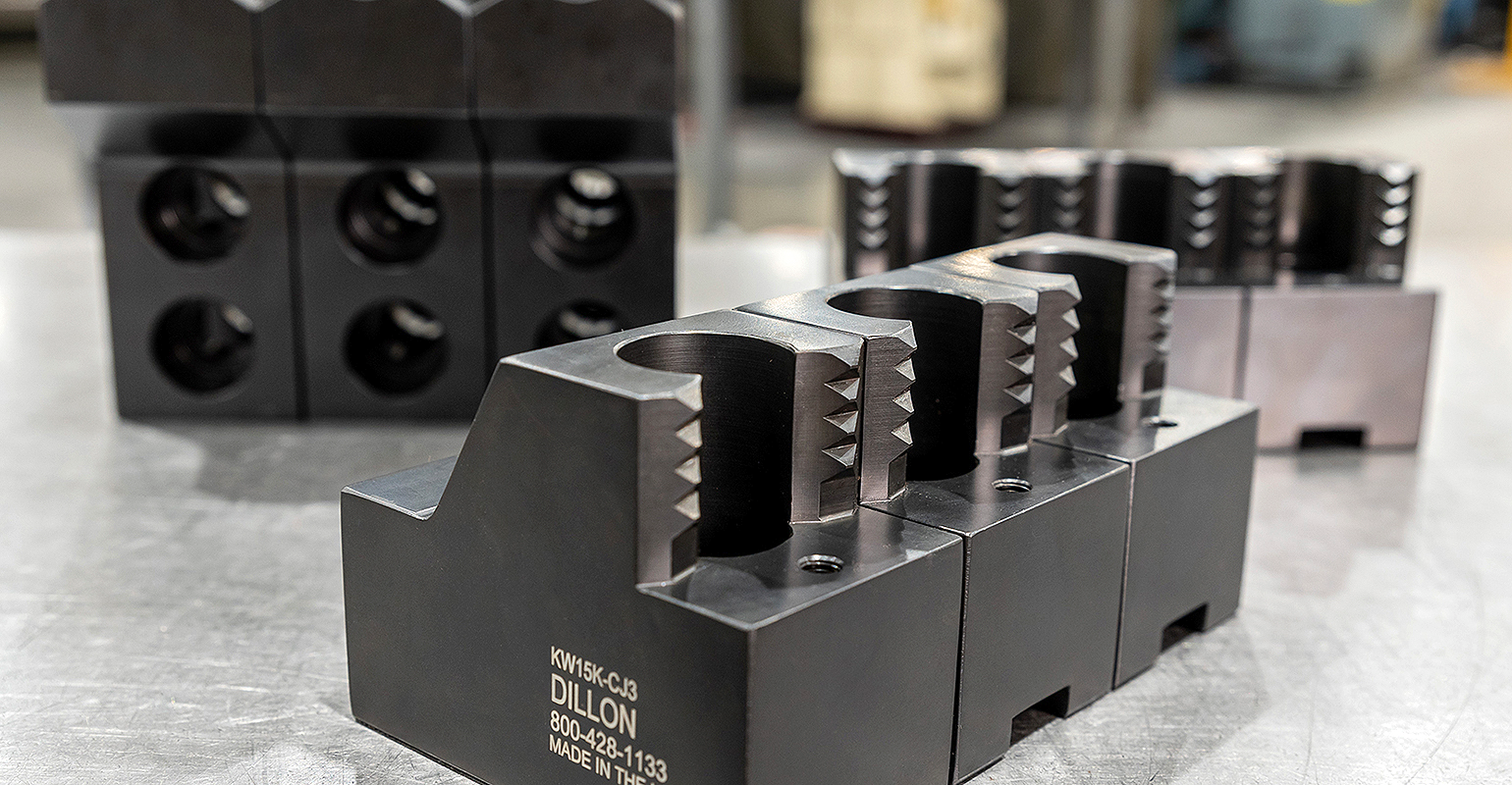 Dillon Manufacturing claw jaws are available for most commercial chucks and provide increased clamping pressures on both OD and ID of the workpiece.