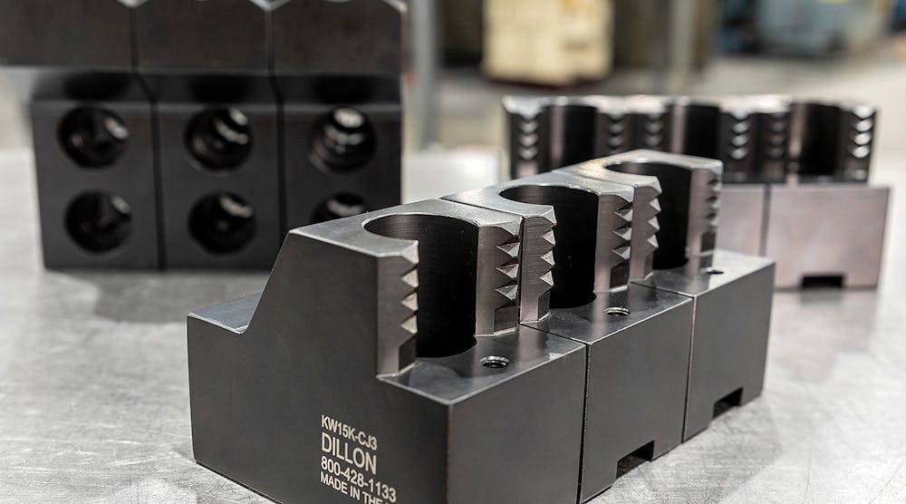 Dillon Manufacturing claw jaws are available for most commercial chucks and provide increased clamping pressures on both OD and ID of the workpiece.