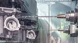 Deep drilling is one of the processes taking place on the double-spindle machines. The MAPAL-supplied, 8-mm drills are boring 180-mm and 141-mm holes.