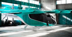 Illustration of the Eve Air Mobility electric vertical take-off and landing aircraft - an air taxi for urban air mobility. Illustration of the Eve Air Mobility electric vertical take-off and landing aircraft - an air taxi for urban air mobility.