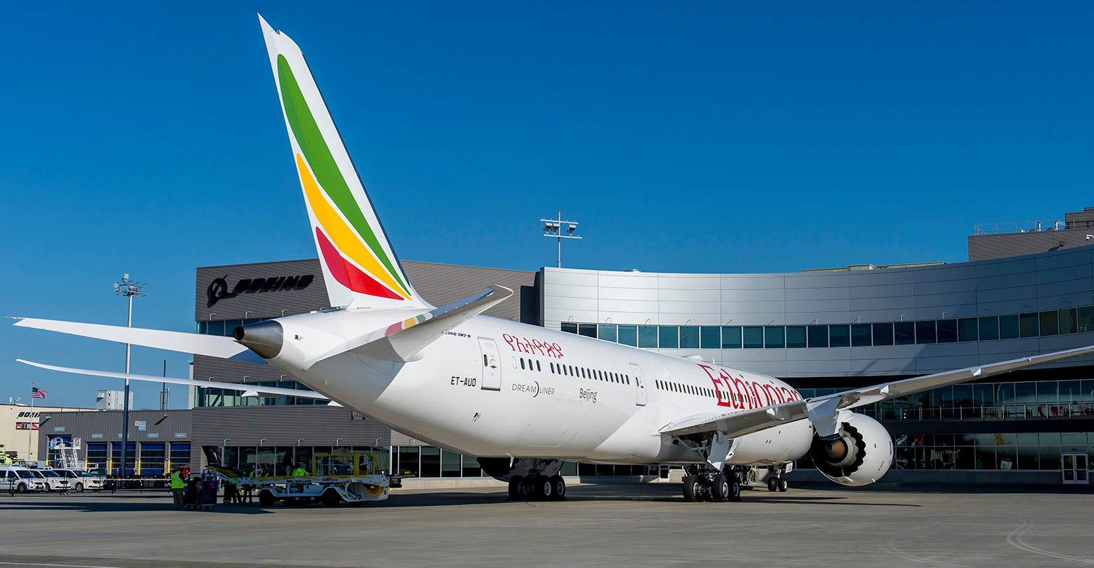 A Boeing 787-9 Dreamliner, in Ethiopian Airlines livery, prior to delivery.