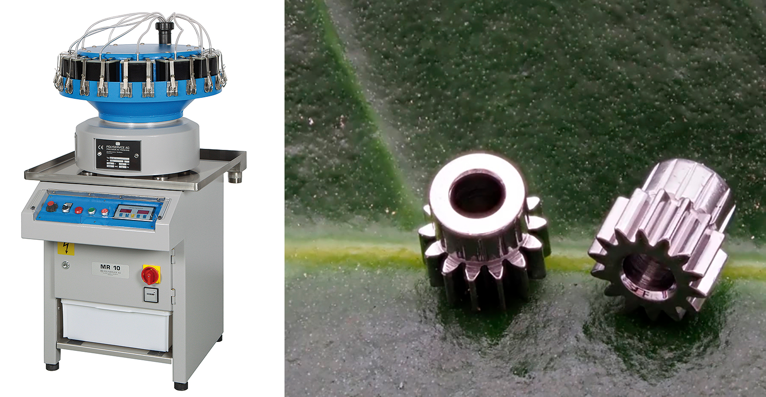 Polyservice micro vortex vibrators MR10 and D3/D4 are used for deburring and rounding of punched or turned small and micro parts.