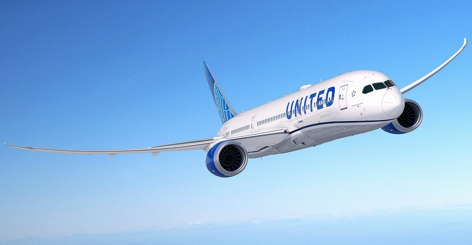 A Boeing 787-9 Dreamliner, illustrated with United Airlines livery.