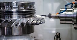 Surface finishing on a turbofan part. Surface finishing on a turbofan part.