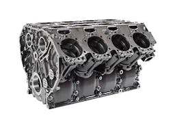A Scania 16-liter engine block, cast in compacted graphite iron. A Scania 16-liter engine block, cast in compacted graphite iron.