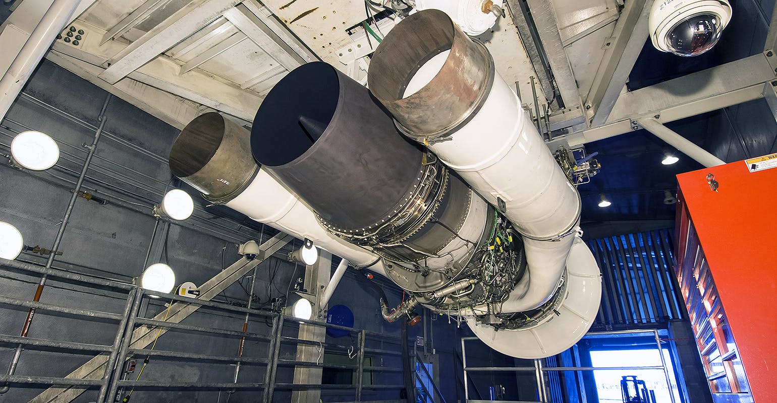 Pratt & Whitney TF33 engine on a test stand.