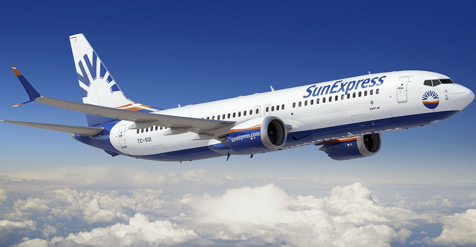Boeing 737 MAX-8 jet in SunExpress livery.