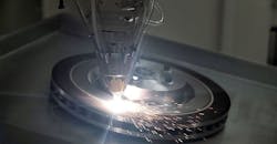 During laser coating of brake discs, carbide-containing metal powder is applied to the brake disc at a high feed rate, using a high-power laser. During laser coating of brake discs, carbide-containing metal powder is applied to the brake disc at a high feed rate, using a high-power laser.