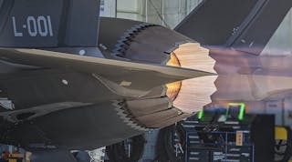 Closeup view of F-135 turbofan engine.