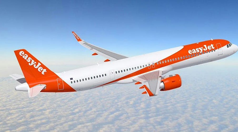An Airbus A320neo aircraft in easyJet livery.