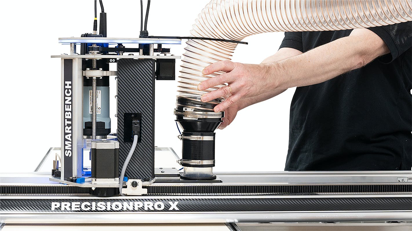 The SmartBench PrecisionPro X a large-format CNC router outfitted with the BigFoot production-ready dust shoe.