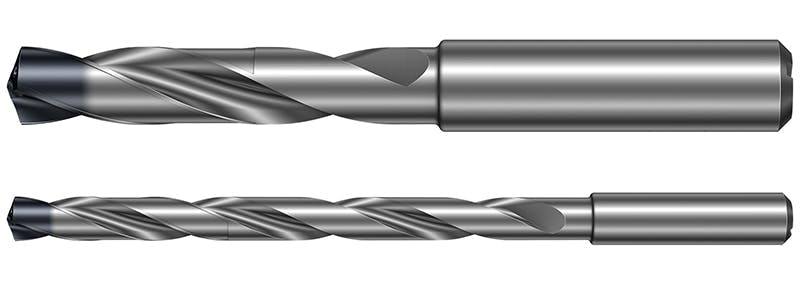Extensive design development and comprehensive product tests in multiple HRSA materials have shown that the CoroDrill 860 with -SD geometry performs consistently in 3 (top), 5 and 8 &times; D applications. Top, 3 &times; D; lower, 8 &times; D.