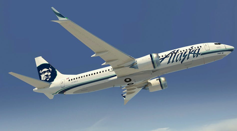 Boeing 737 MAX portrayed in Alaska Airlines livery.