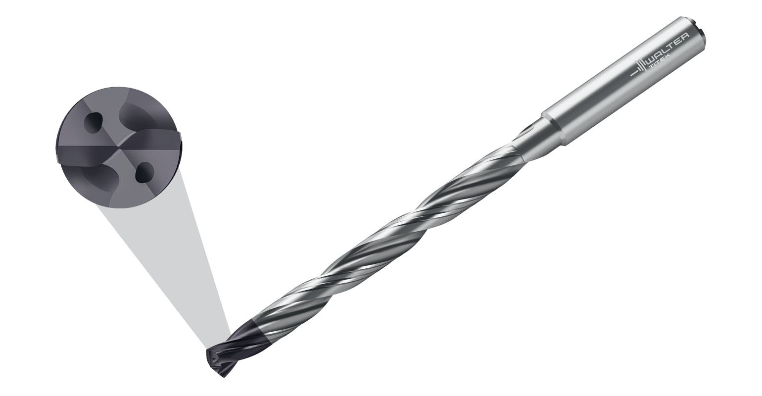 Walter USA&rsquo;s new X&centerdot;treme Evo Plus&ndash;DC180 Supreme solid-carbide drill has a 140&deg; point angle, four margins, a straight cutting edge for stability and process reliability, and a shank end in line with the DIN 69090 standard.