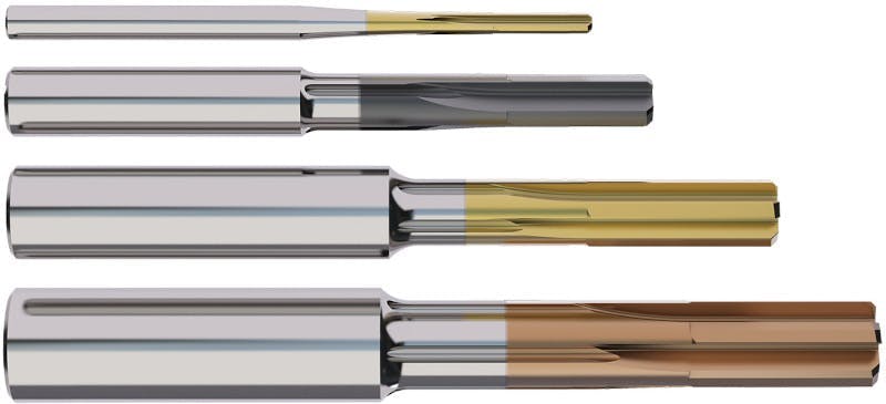 Seco Tools’ Nanojet solid-carbide, multi-flute reamers come in eight grades and more than 10 geometries, along with custom sizes and tolerances. Seco Tools’ Nanojet solid-carbide, multi-flute reamers come in eight grades and more than 10 geometries, along with custom sizes and tolerances.