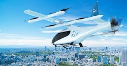An Eve Air Mobility air taxi depicted over Tokyo. An Eve Air Mobility air taxi depicted over Tokyo.