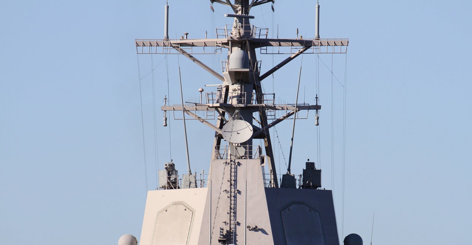 Aegis system detection tower and radar installed on a Spanish Navy destroyer, at Alicante in the Mediterranean Sea