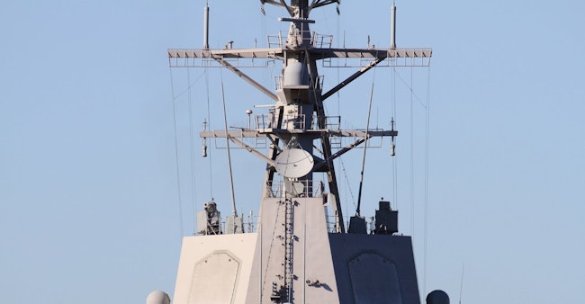 Aegis system detection tower and radar installed on a Spanish Navy destroyer, at Alicante in the Mediterranean Sea