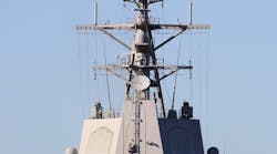 Aegis system detection tower and radar installed on a Spanish Navy destroyer, at Alicante in the Mediterranean Sea