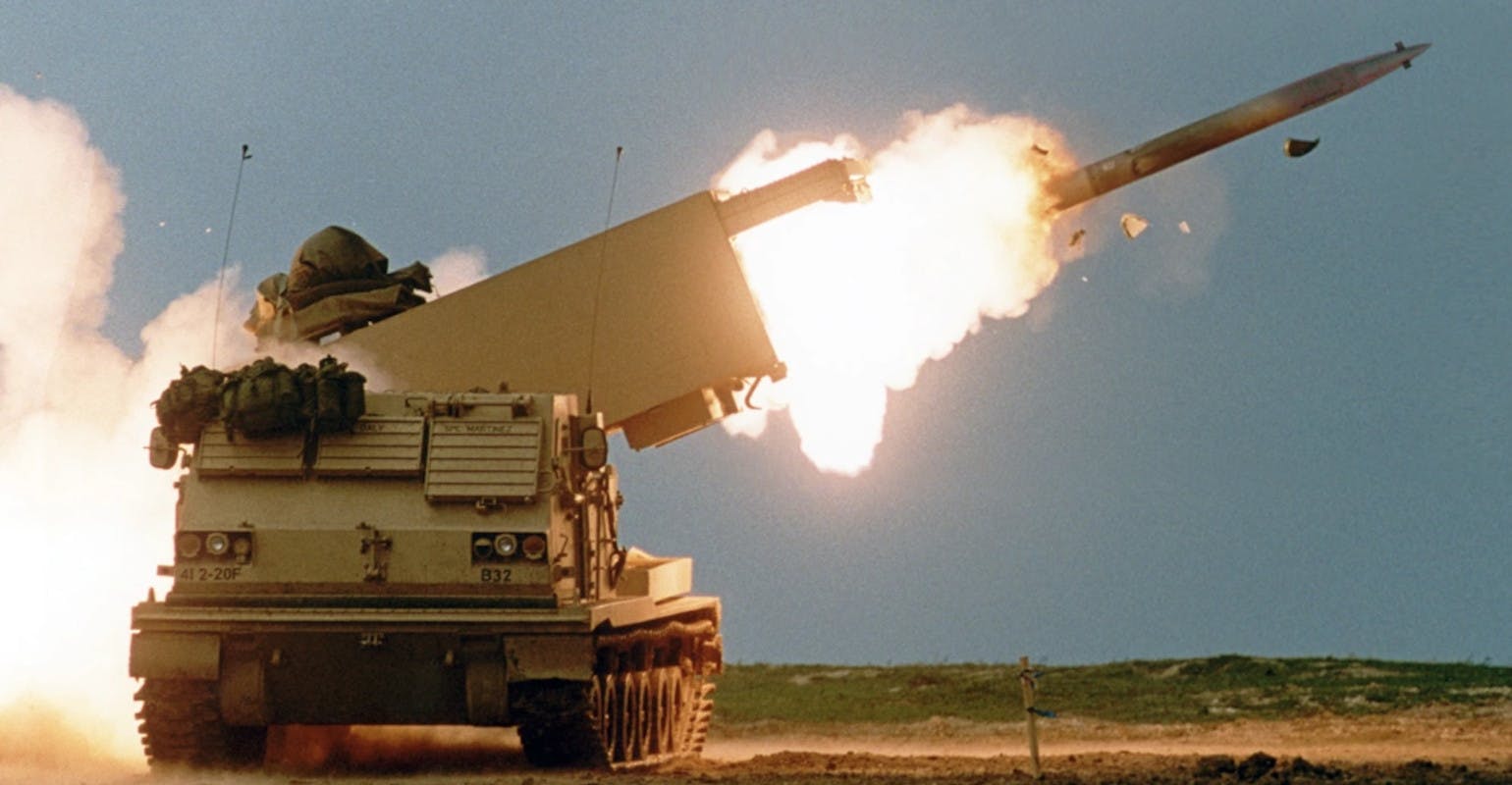 MLRS fires a Guided Multiple Launch Rocket System rocket.