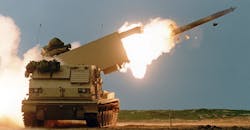 MLRS fires a Guided Multiple Launch Rocket System rocket. MLRS fires a Guided Multiple Launch Rocket System rocket.