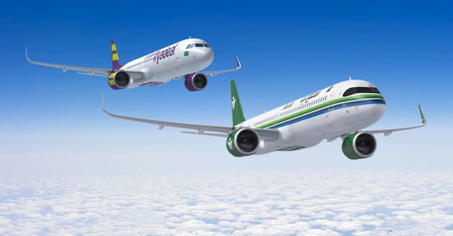 Airbus illustration, Saudia and Flyadeal A320neo series jets.