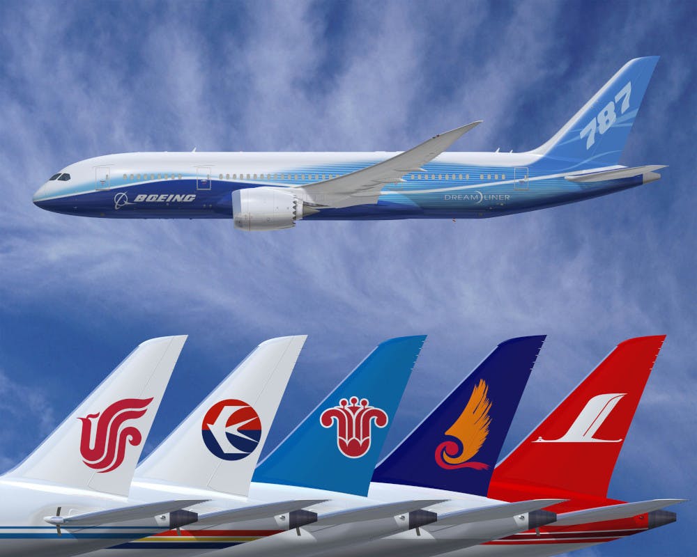 Boeing and five Chinese airlines agreed to 787 Dreamliner purchases (2005), - Air China, China Eastern Airlines, China Southern Airlines, Hainan Airlines, and Shanghai Airlines.