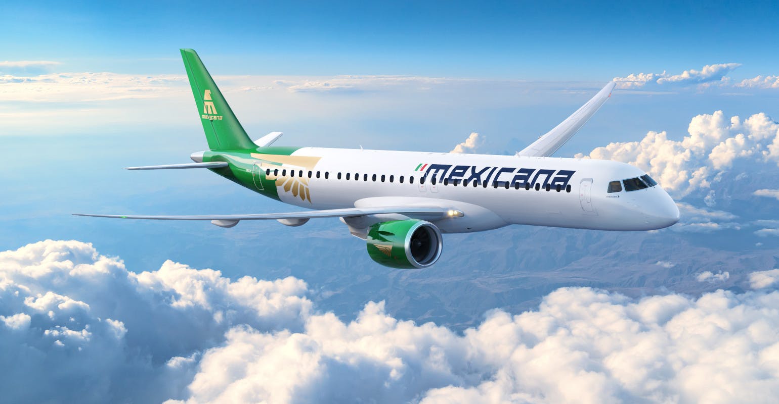 The Embraer E2 narrow-body aircraft illustrated in Mexicana livery.