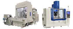 The Mitsui Seiki HU100-TS is a five-axis, tilt-spindle machining center (left) and J350G jig grinder (right.) The Mitsui Seiki HU100-TS is a five-axis, tilt-spindle machining center (left) and J350G jig grinder (right.)