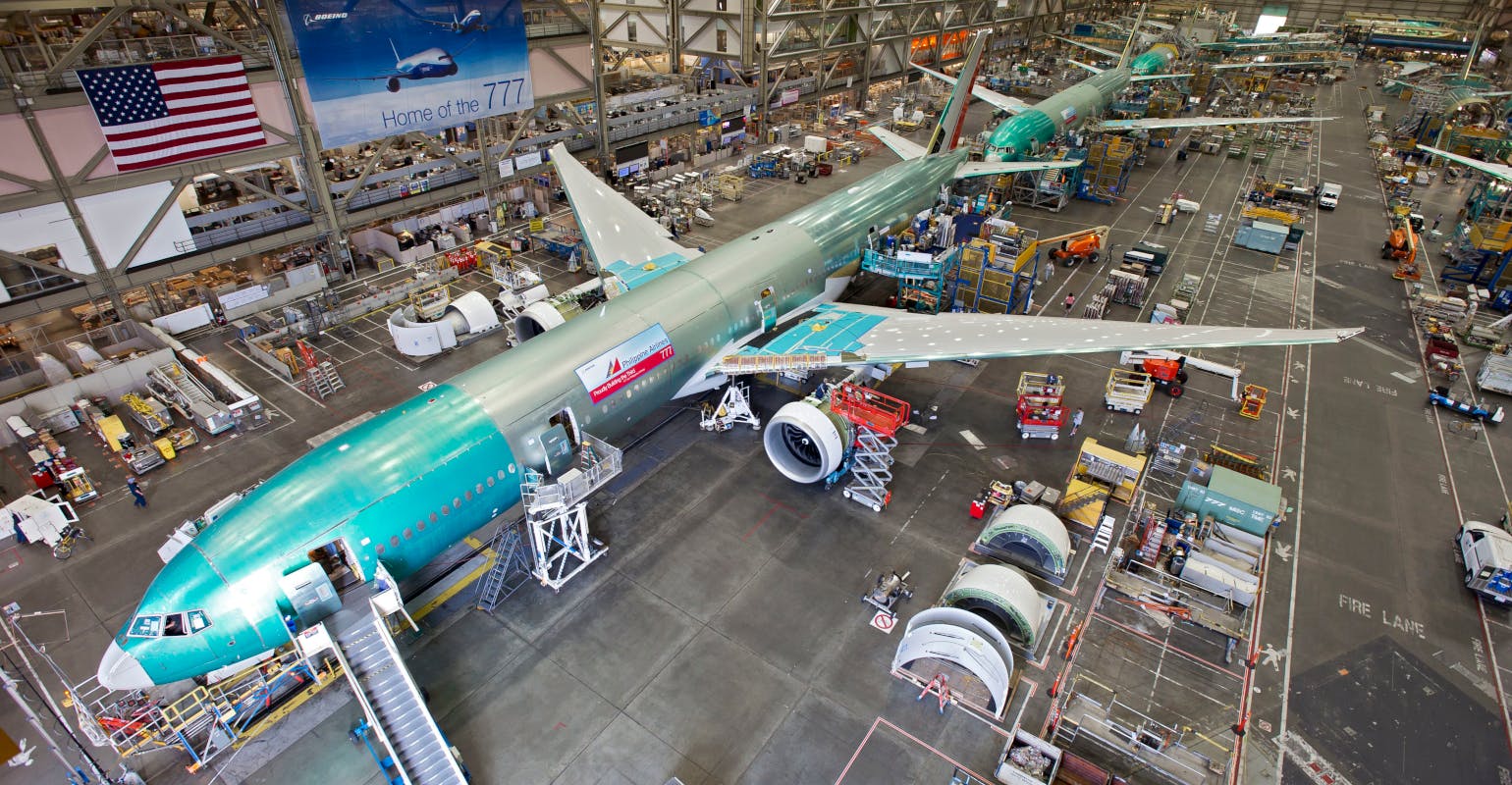 The Boeing 777 long-range jet is assembled on a moving line in Everett, Wash.