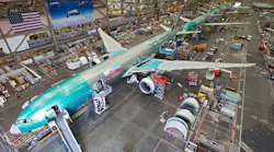 The Boeing 777 long-range jet is assembled on a moving line in Everett, Wash.