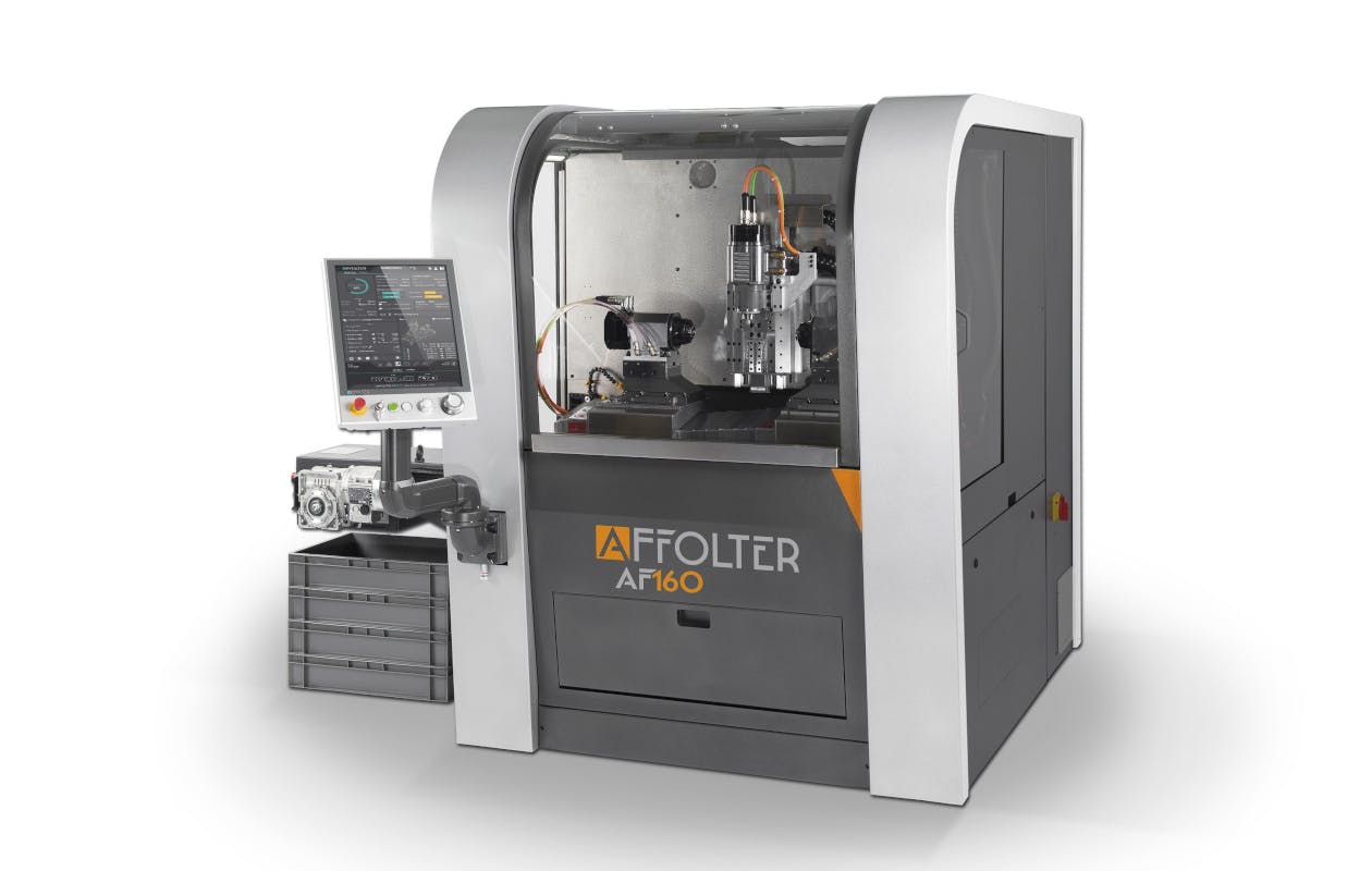 The eight-axis AF160 gear-hobbing machine has a maximum cutting length of 110-180 mm / 4.33-7.08 in. The maximum part diameter is 60 mm.