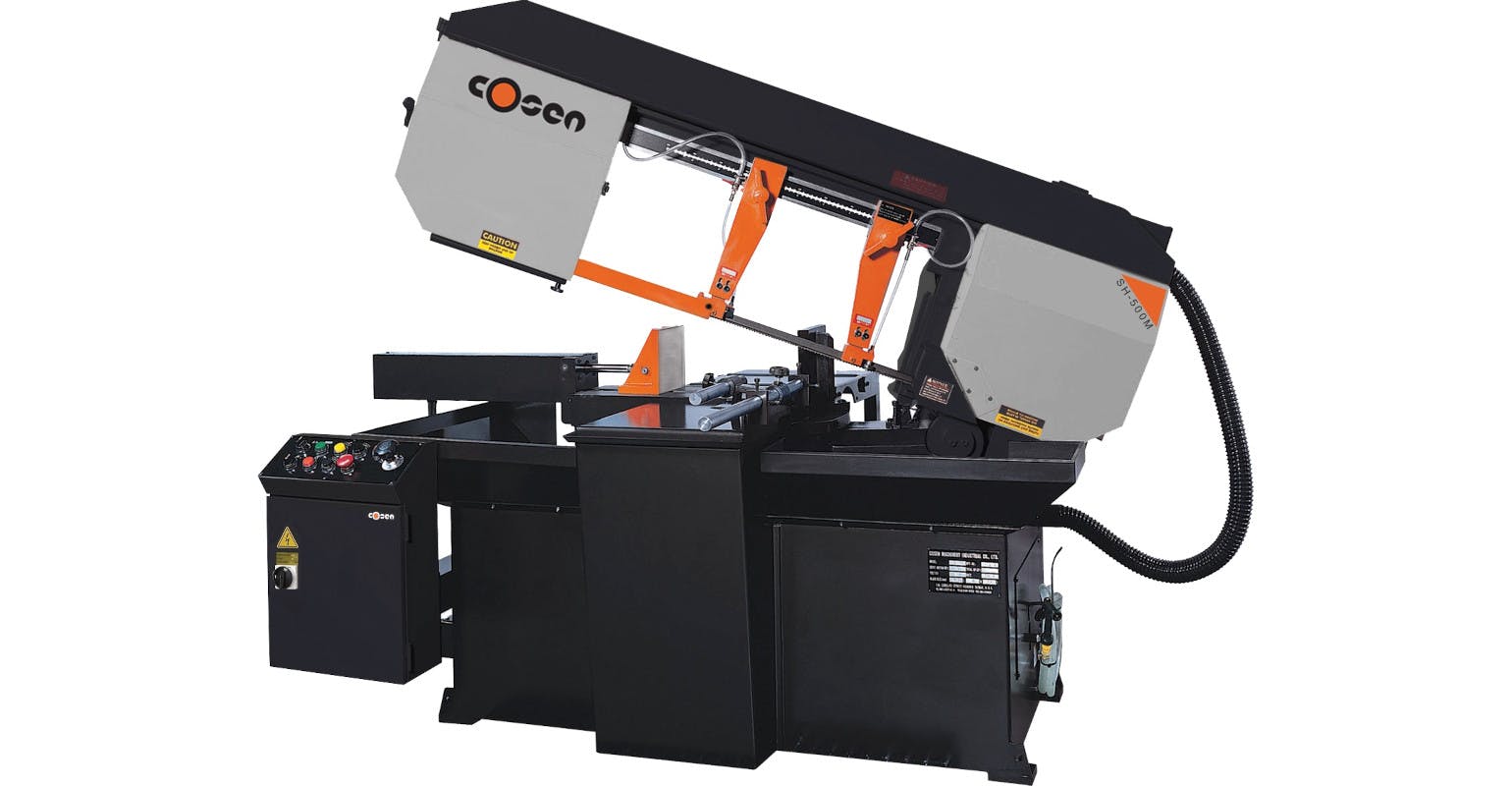 The Cosen Saws SH-500M is a semi-automatic, scissor style miter cutting band saw, with a capacity of 11 x 19.7 inches.