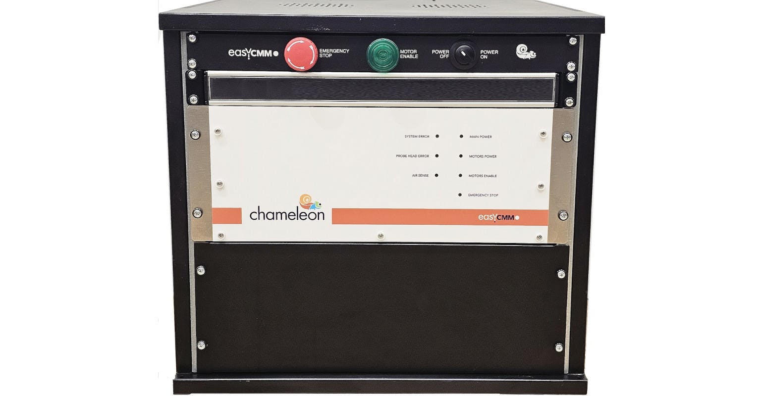 The Chameleon retrofit CMM motion controller, shown in a cabinet, integrates with most CMM brands without requiring software upgrades, part program rewrites, or I++ protocol adaptations.