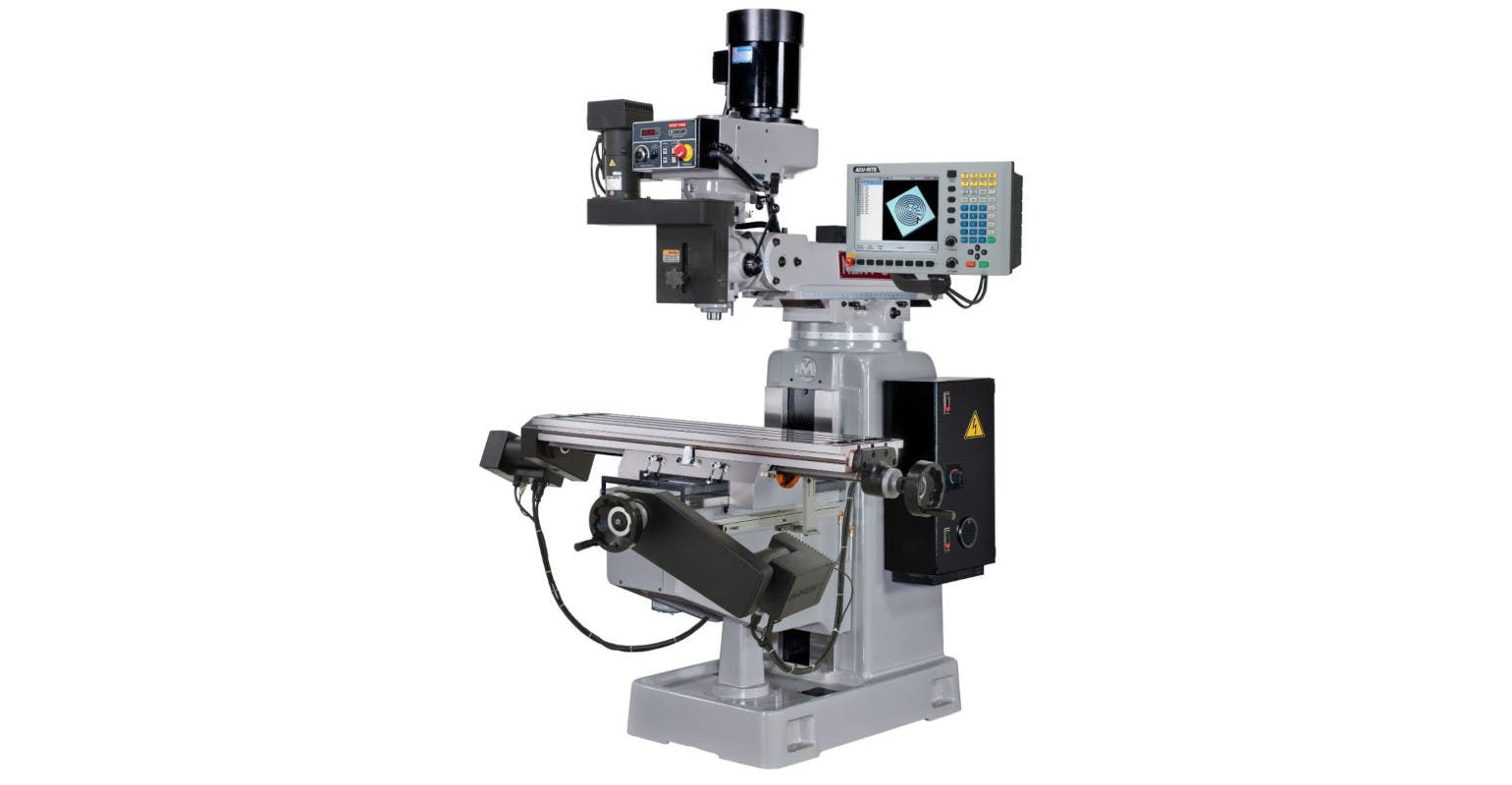 The Kent USA KTM-3VSF CNC w/ MillPwr knee mill has a 3-HP variable speed head and a spindle capable of 60-550-4500 RPM.